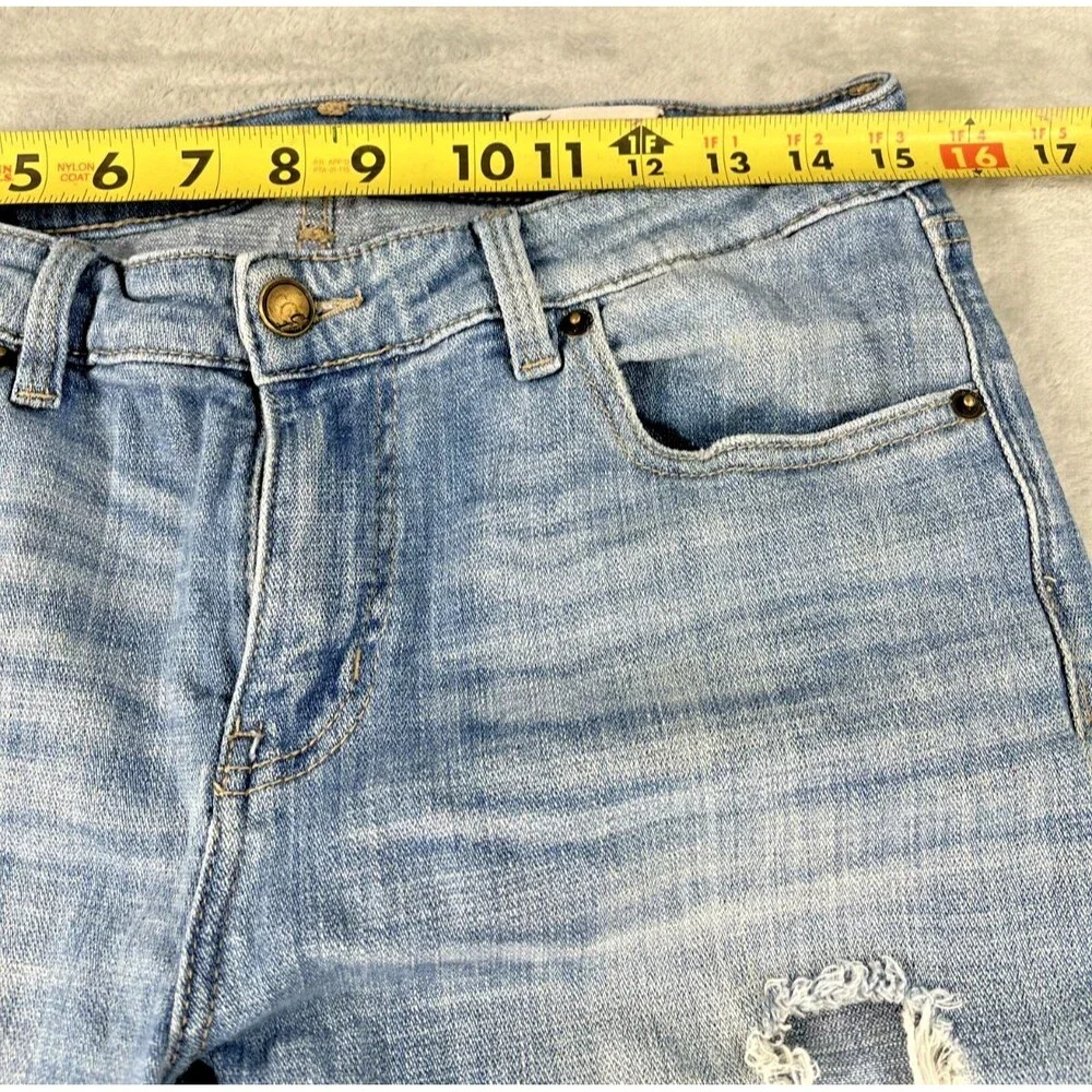 Cosmic Blue Love Distressed Jeans Womens 30x28 Midrise Ripped Slim Straight 30